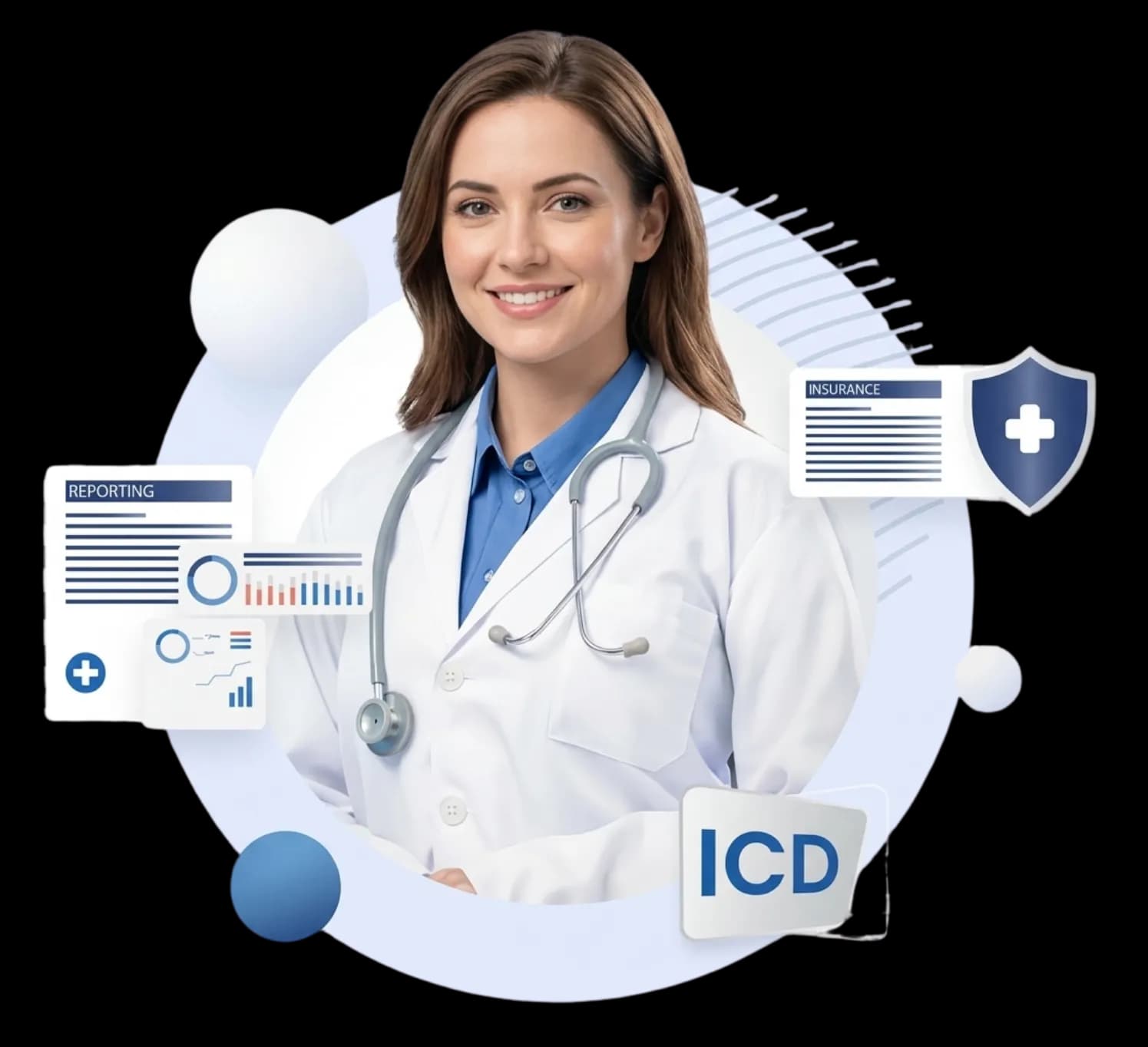 Doctor with medical reporting, insurance, and ICD coding illustrations