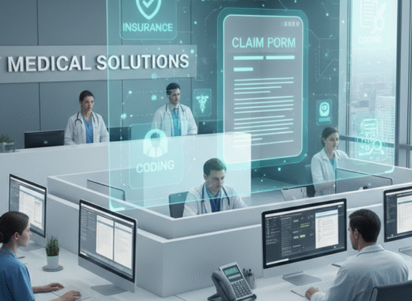 BLOG IMAGE (6) Doctors reviewing medical claims on computer highlighting common causes of claim rejections with May Medical Solutions branding.