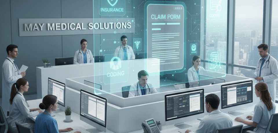 Doctors reviewing medical claims on computer highlighting common causes of claim rejections with May Medical Solutions branding.