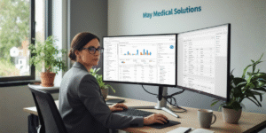 Digital marketing professional at May Medical Solutions optimizing SEO for a medical practice website using advanced analytics tools.