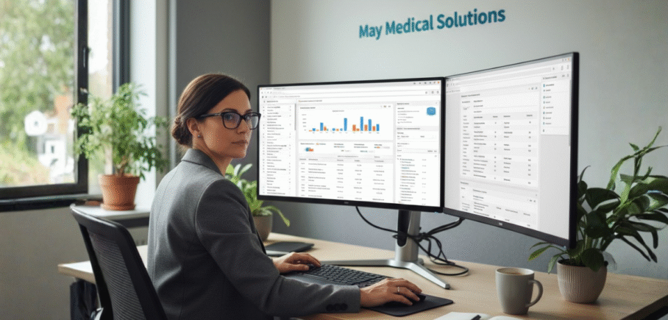 Digital marketing professional at May Medical Solutions optimizing SEO for a medical practice website using advanced analytics tools.