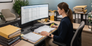 Medical billing specialist analyzing Common CPT coding errors with May Medical Solutions branding in a professional office setting.