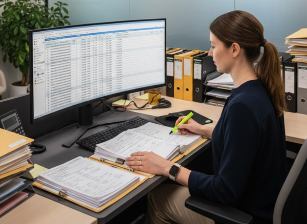 Medical billing specialist analyzing Common CPT coding errors with May Medical Solutions branding in a professional office setting.