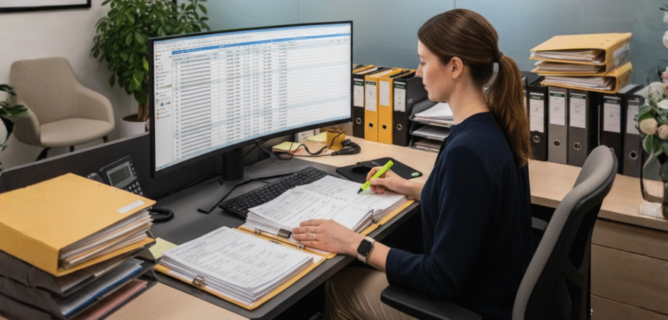 Medical billing specialist analyzing Common CPT coding errors with May Medical Solutions branding in a professional office setting.