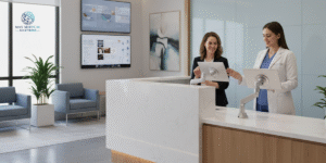 Modern clinic reception showing digital check-in workflow, representing how practice management impacts patient satisfaction.