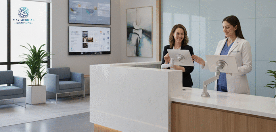 Modern clinic reception showing digital check-in workflow, representing how practice management impacts patient satisfaction.