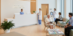 Local SEO tips for medical clinics in 2025. Modern medical clinic reception with May Medical Solutions branding on the back wall.