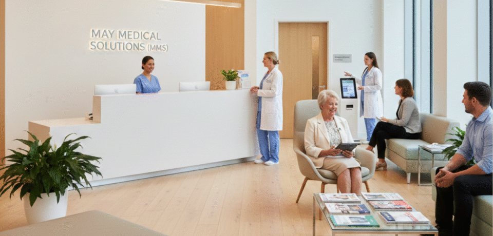 Local SEO tips for medical clinics in 2025. Modern medical clinic reception with May Medical Solutions branding on the back wall.