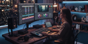 Common video editing mistakes shown on a professional video editing timeline with poor cuts and audio issues.