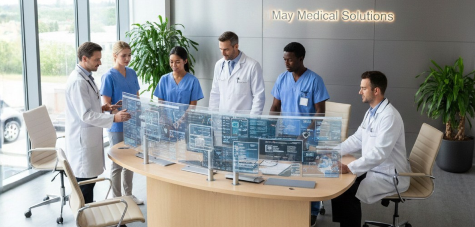Future of medical staffing in healthcare showing modern healthcare professionals working together at May Medical Solutions
